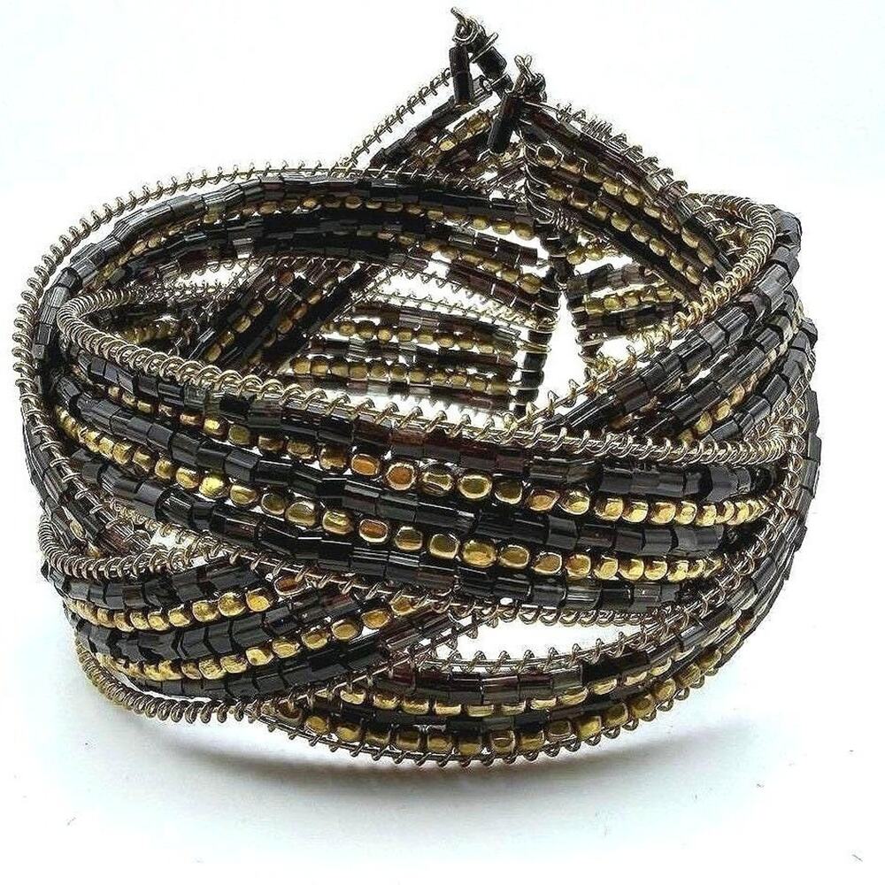 Vintage Cuff Wrap Beaded Braided Bracelet Black Gold Tone Flexible Boho Unisex